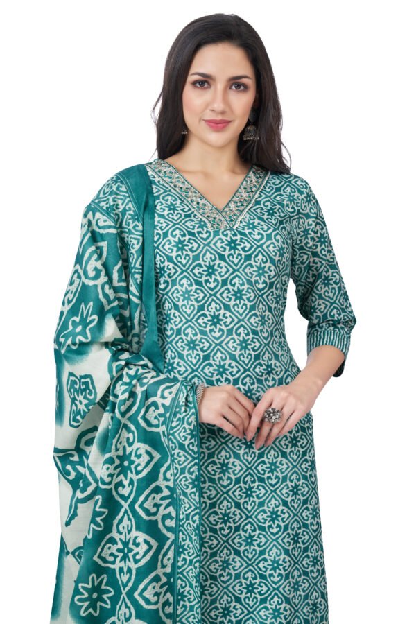 Teal Floral Printed Cotton Kurta Set with Dupatta - Image 2