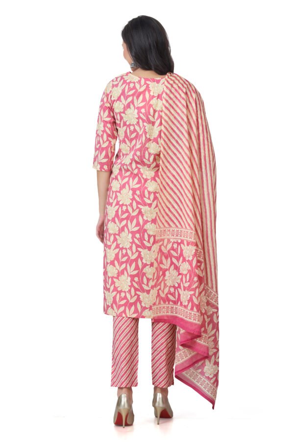 Pink Floral Printed Cotton Three Piece Set with Dupatta - Image 2