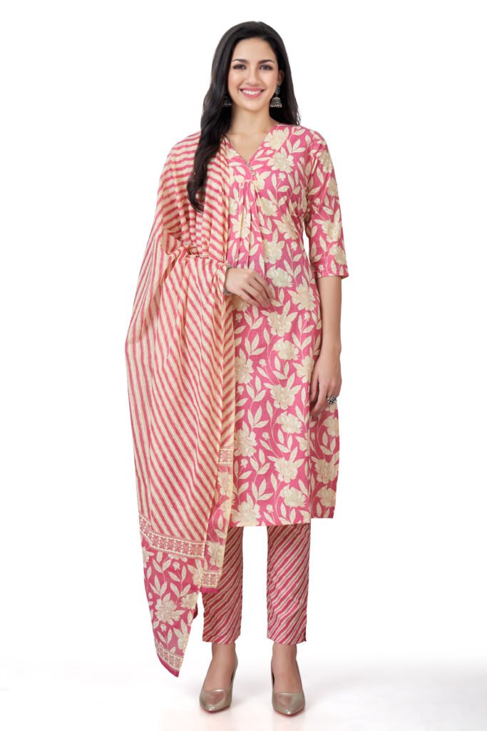 pink floral printed cotton three piece suit set with dupatta - sarisha