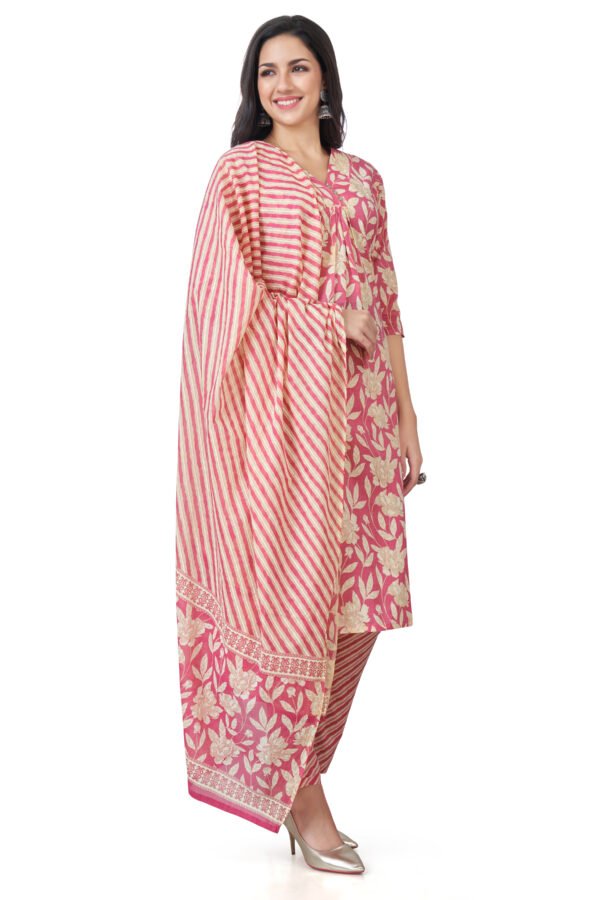 Pink Floral Printed Cotton Three Piece Set with Dupatta - Image 4