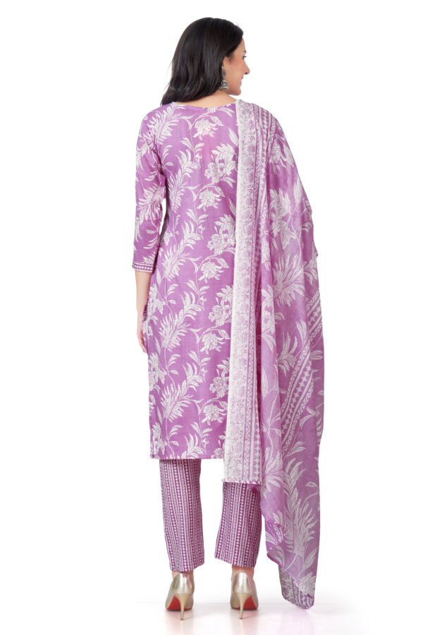 Lavender Printed Cotton Kurta Set with Embroidered Neckline - Image 2