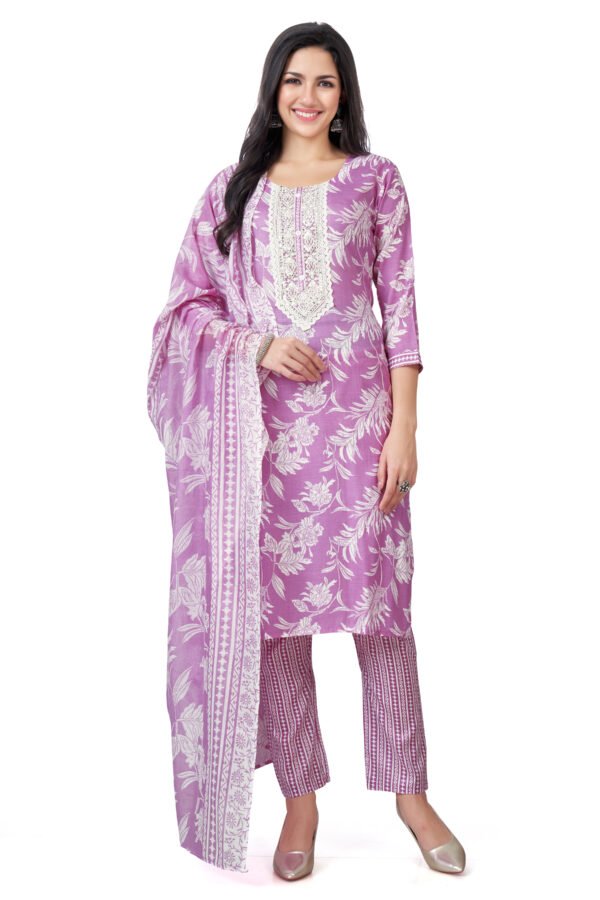 printed cotton kurta set with Embroidery neckline