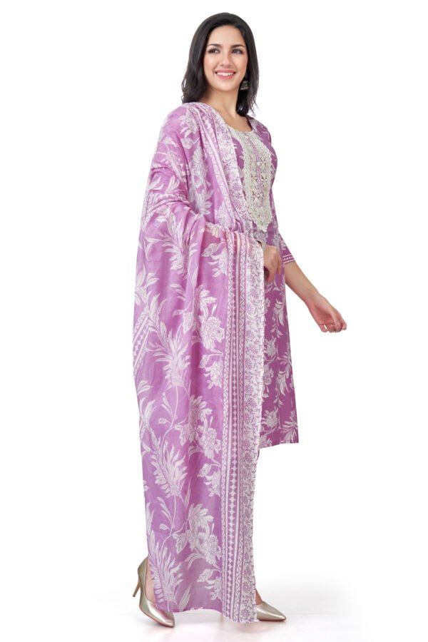 Lavender Printed Cotton Kurta Set with Embroidered Neckline - Image 4