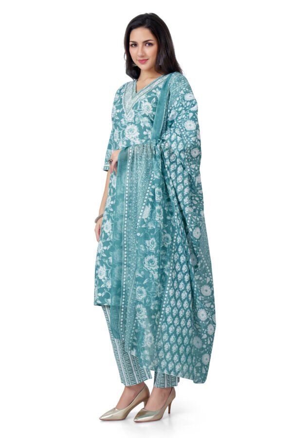 Comfort Fit Floral Cotton Kurta Set in Teal with Dupatta - Image 4