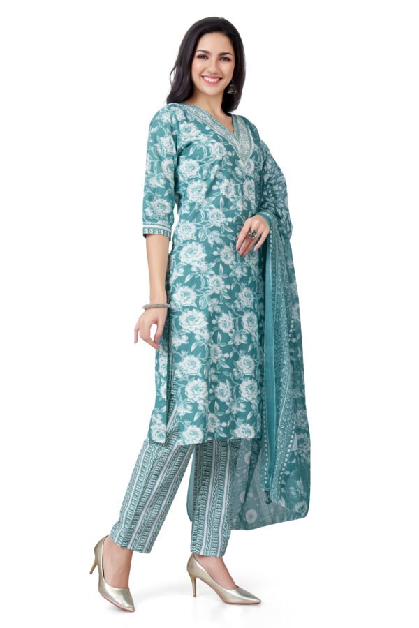 Comfort Fit Floral Cotton Kurta Set in Teal with Dupatta - Image 5