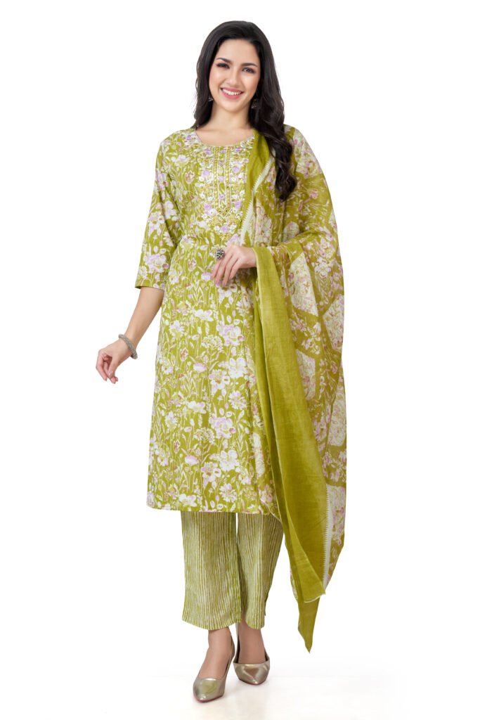 green floral printed 3 piece Suit set with embroidery - Sarisha
