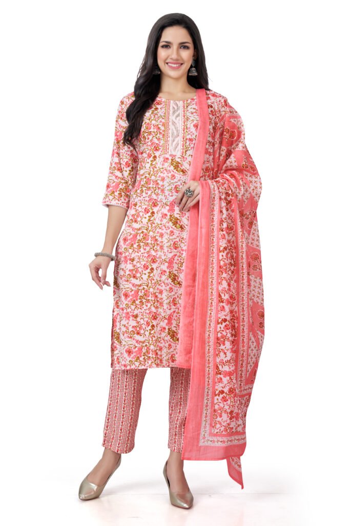 pink floral printed cotton kurta set - Sarisha