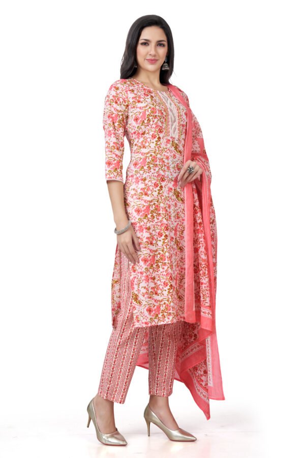 Elegant Pink Floral Printed Cotton Kurta Set – Three Piece Set - Image 2