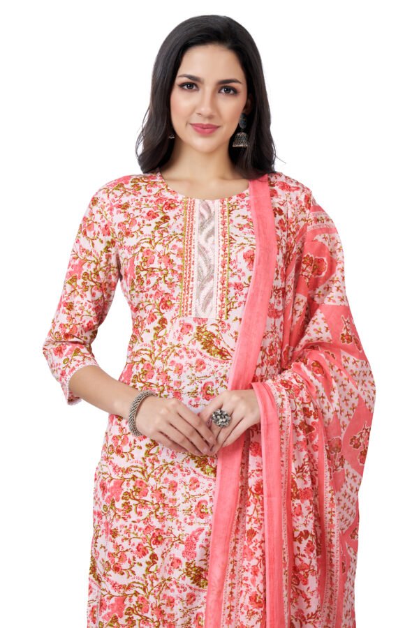 pink floral printed cotton three piece suit set-Sarisha