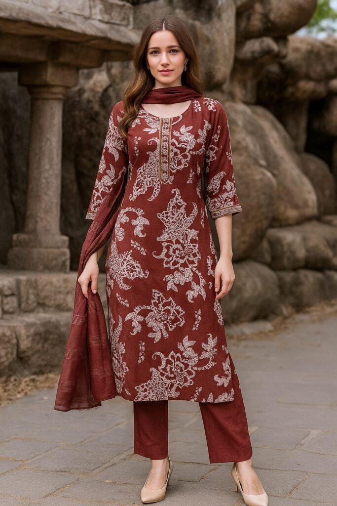 Maroon floral kurta set for women