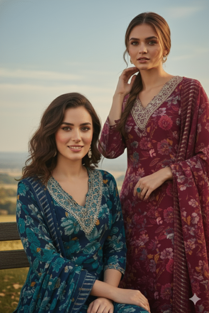 V-neck kurta set with dupatta