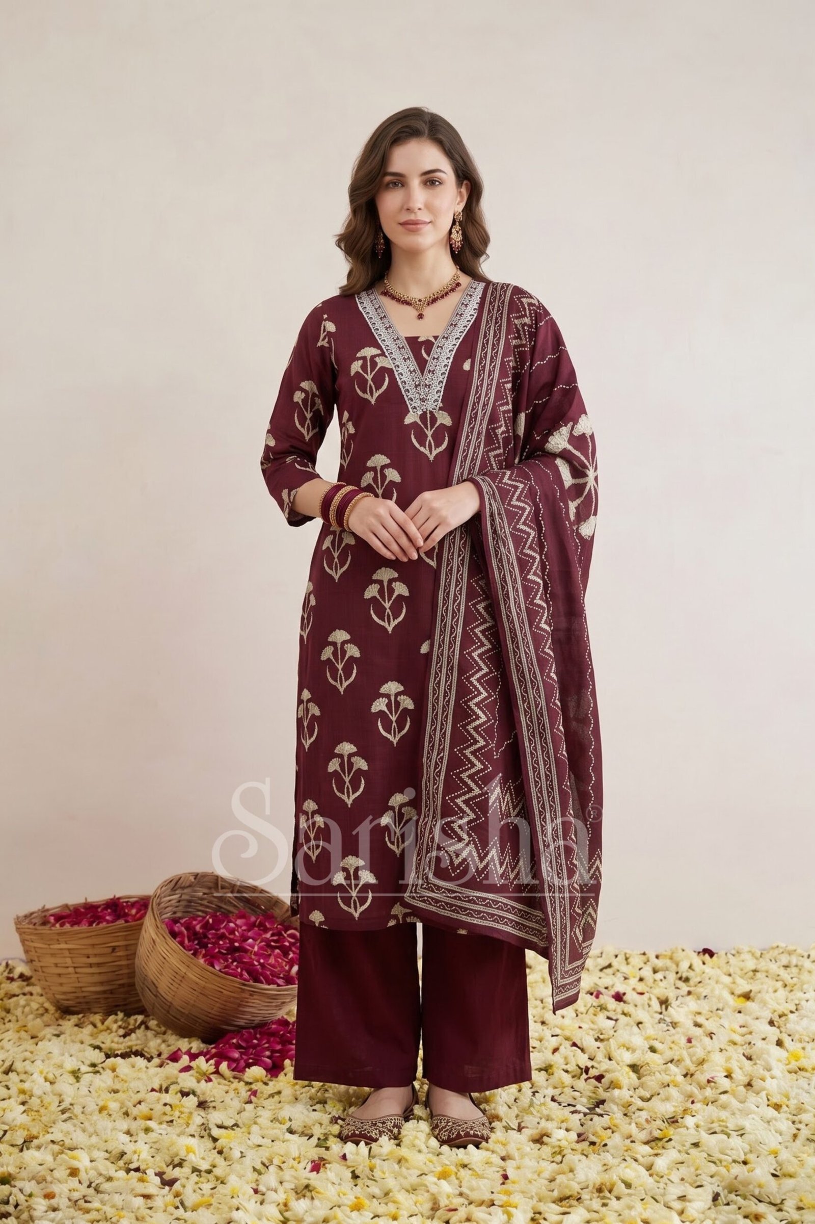 Elegant Maroon Floral Motif Kurta Set with Palazzo & Printed Dupatta - Image 3