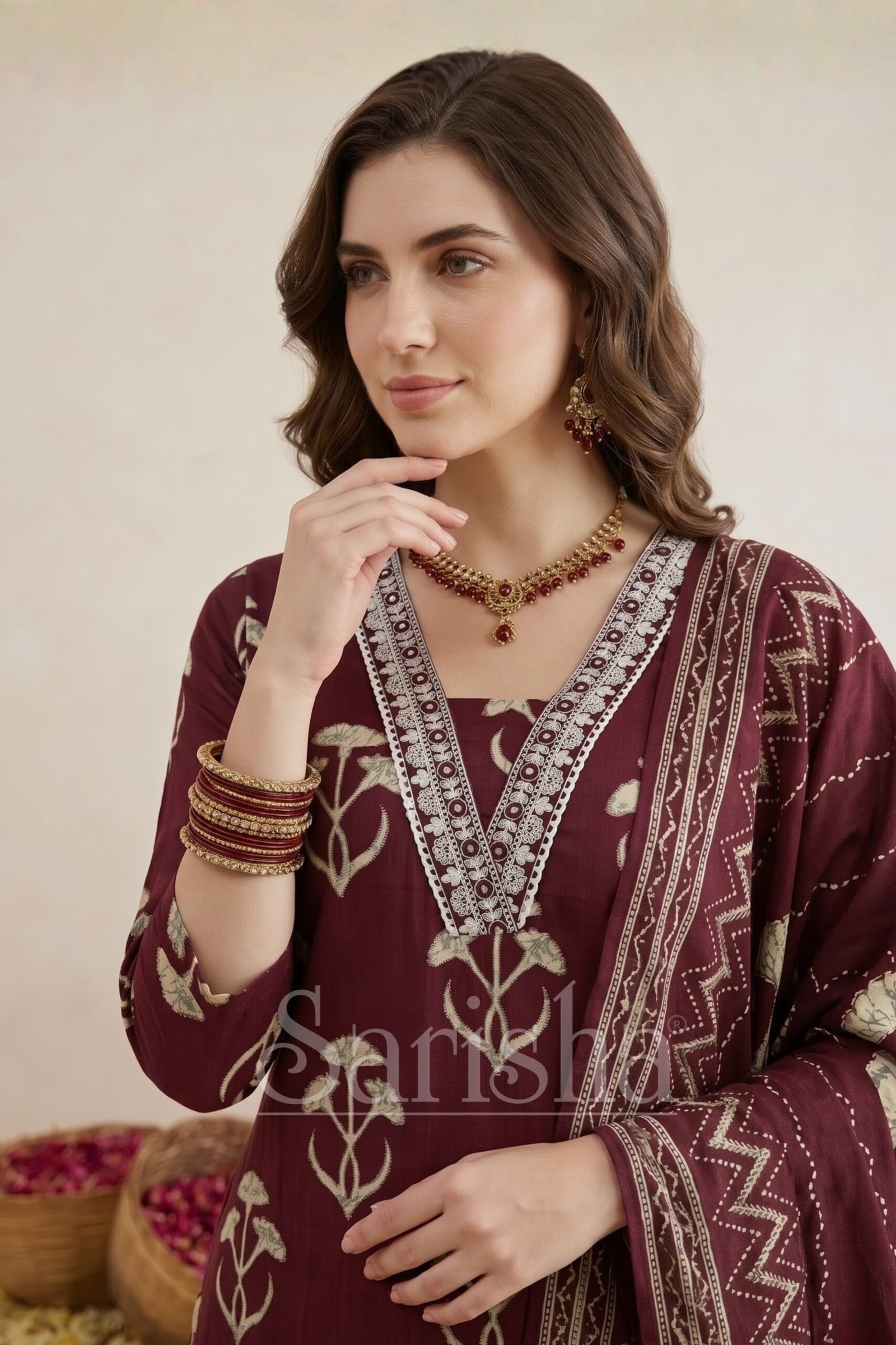 Elegant Maroon Floral Motif Kurta Set with Palazzo & Printed Dupatta - Image 2