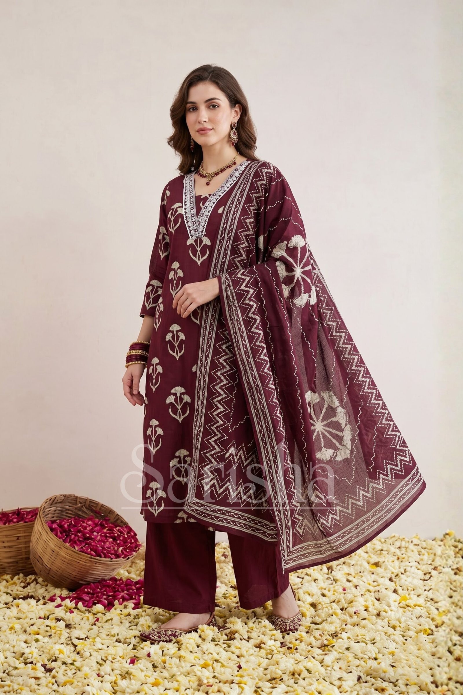 Elegant Maroon Floral Motif Kurta Set with Palazzo & Printed Dupatta