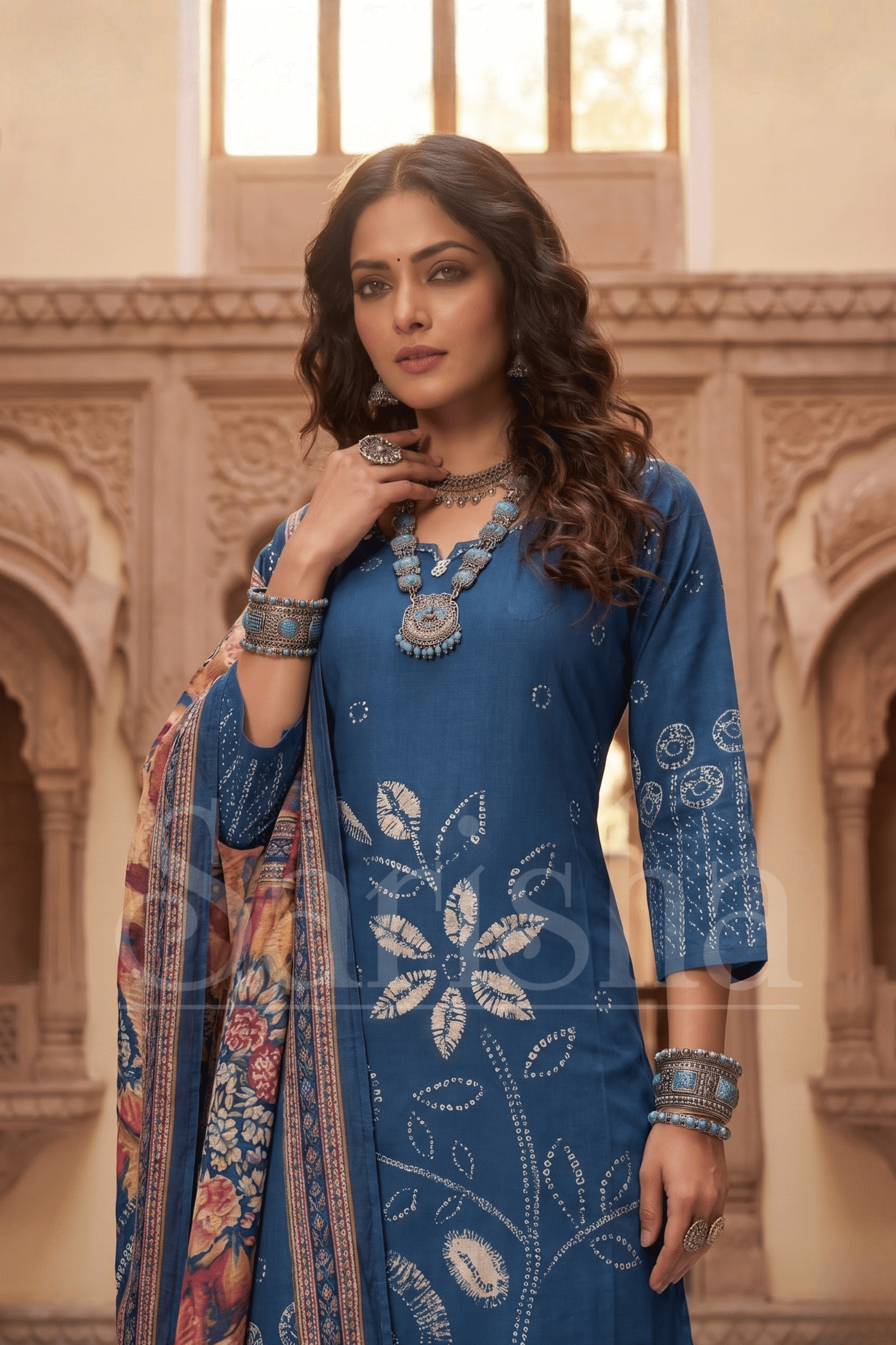 Midnight Blue Botanical Motif Kurta Set with Printed Dupatta - Image 2
