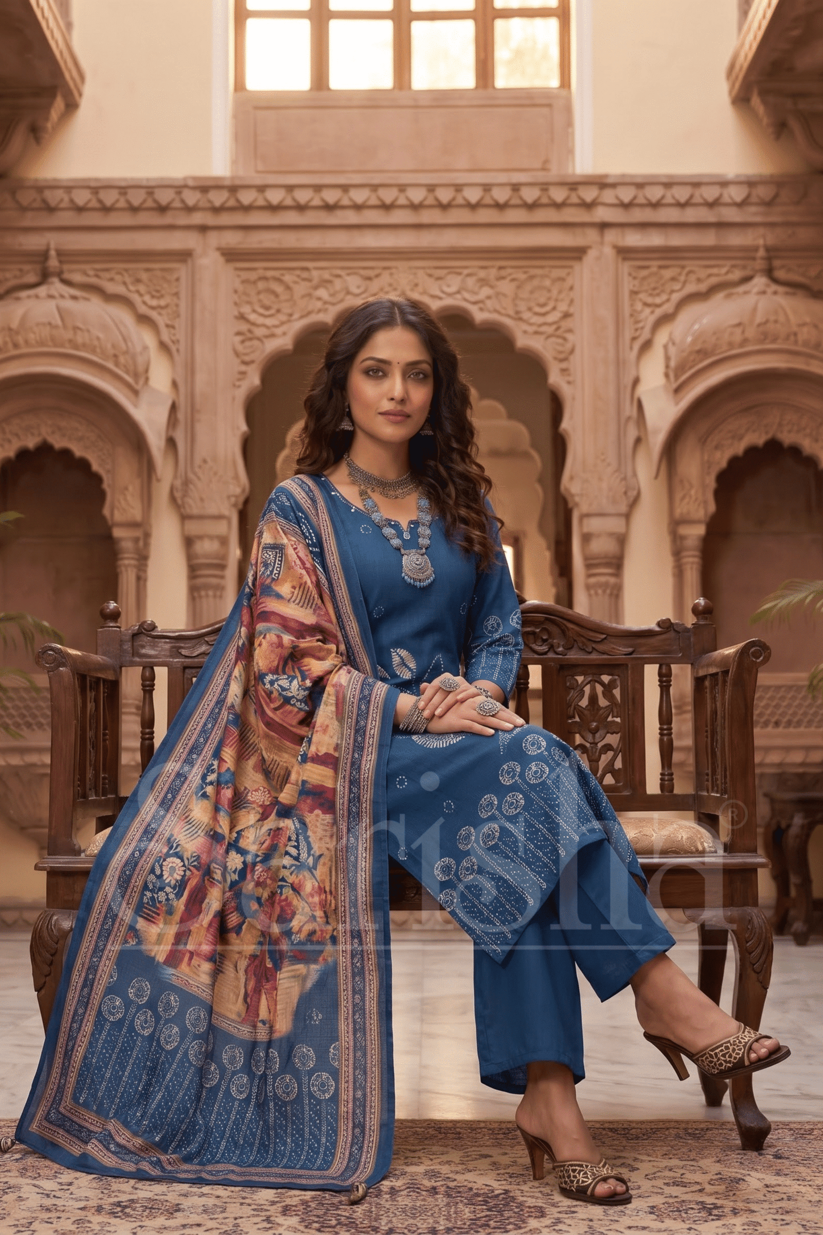 Midnight Blue Botanical Motif Kurta Set with Printed Dupatta