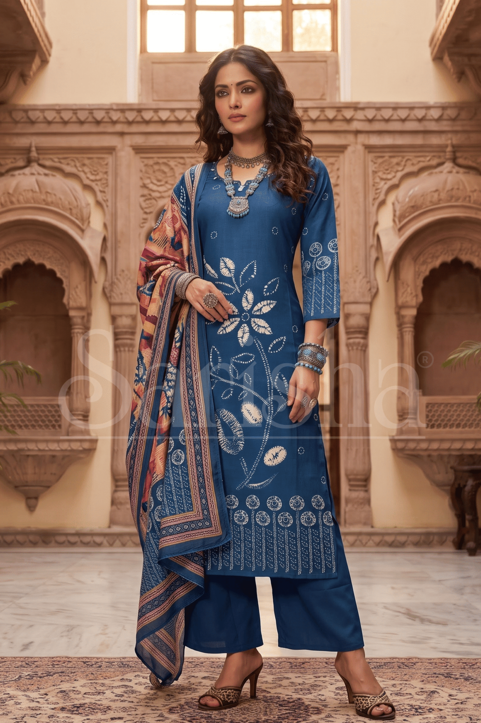 Midnight Blue Botanical Motif Kurta Set with Printed Dupatta - Image 3
