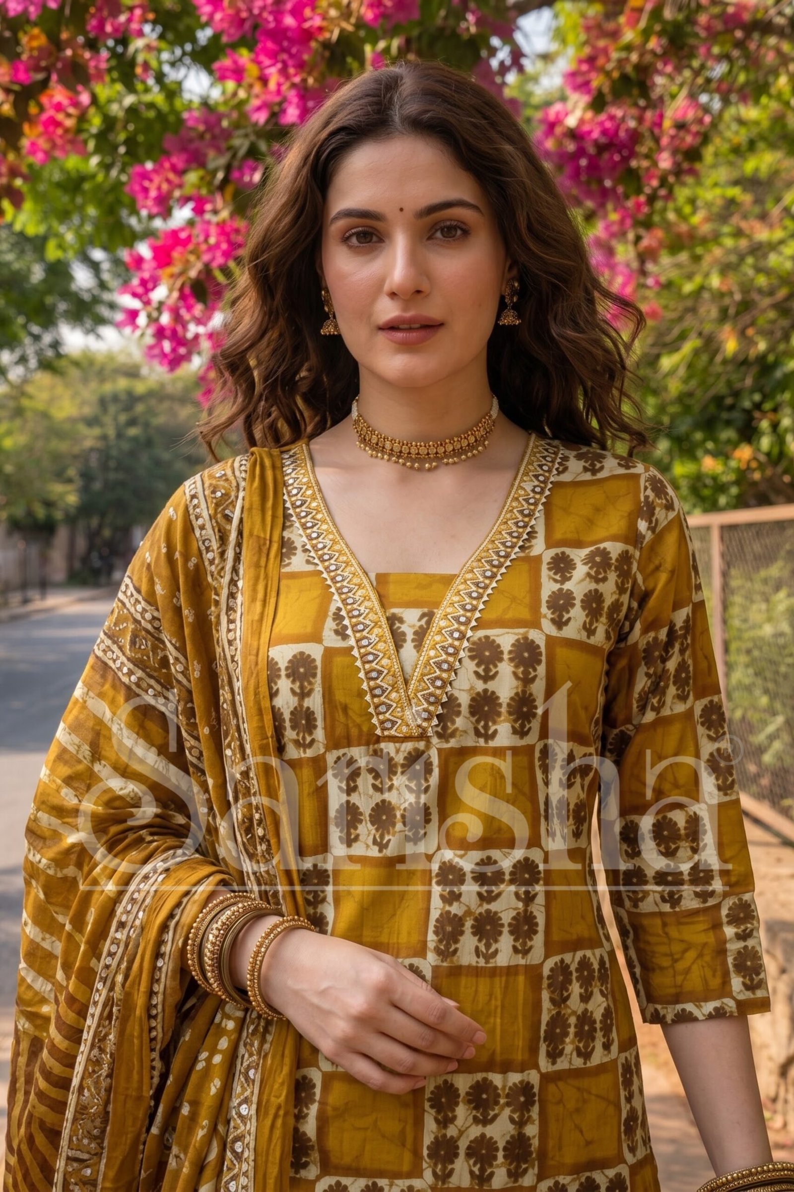 Mustard Yellow Geometric Print Cotton Kurta with Palazzo and Dupatta Set - Image 2