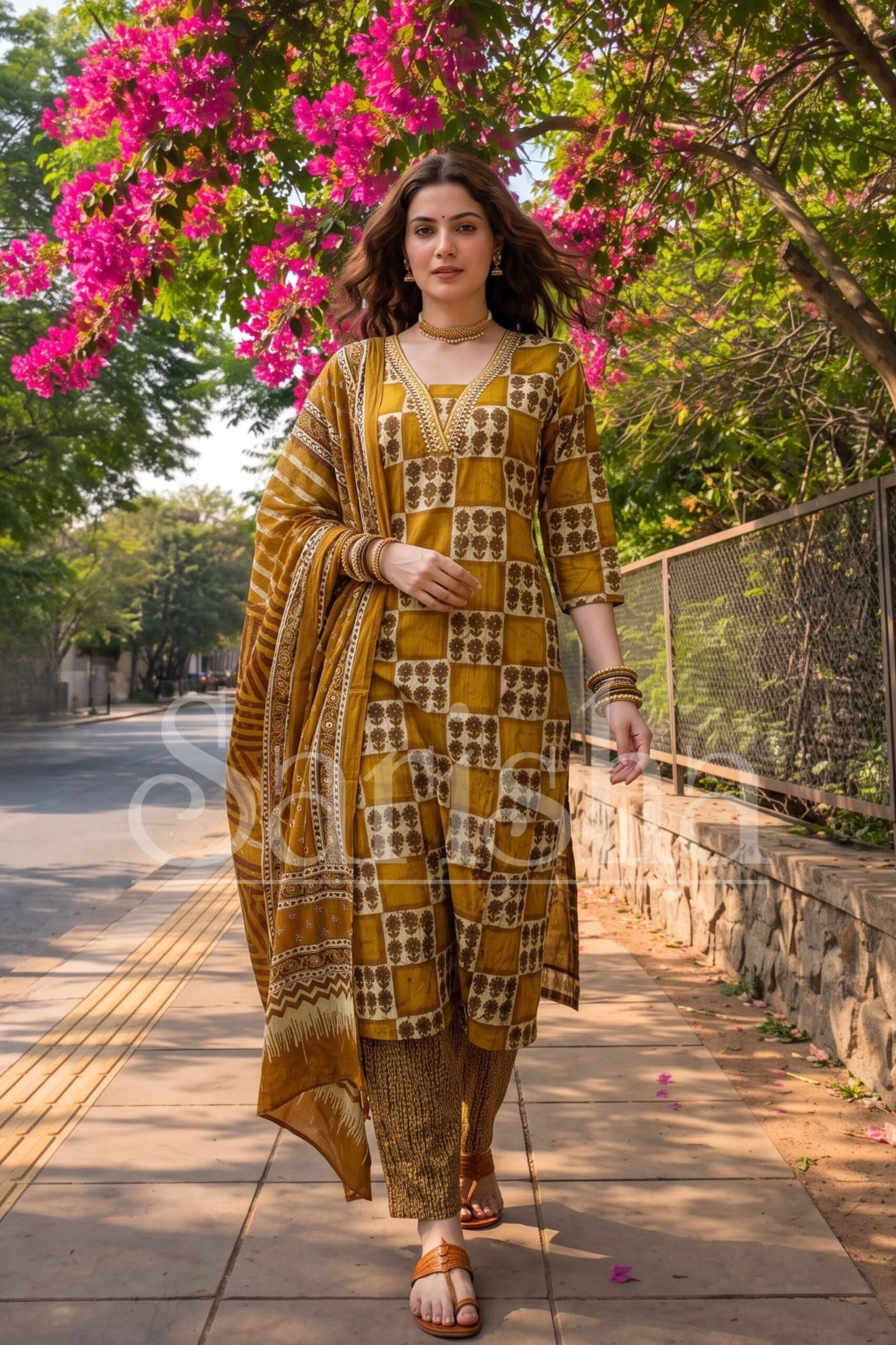 Mustard Yellow Geometric Print Cotton Kurta with Palazzo and Dupatta Set