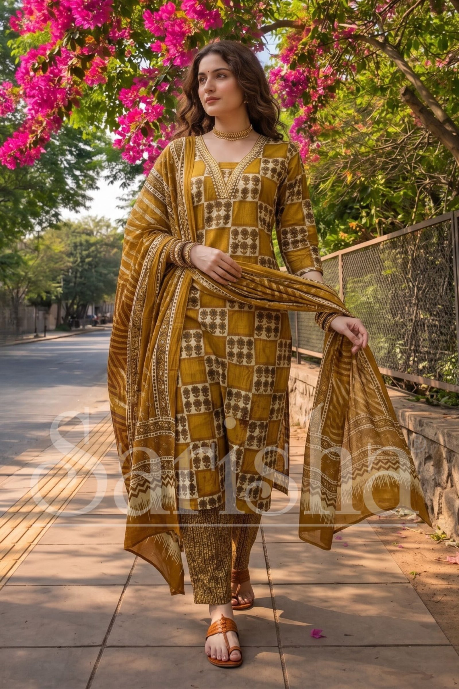Mustard Yellow Geometric Print Cotton Kurta with Palazzo and Dupatta Set - Image 3
