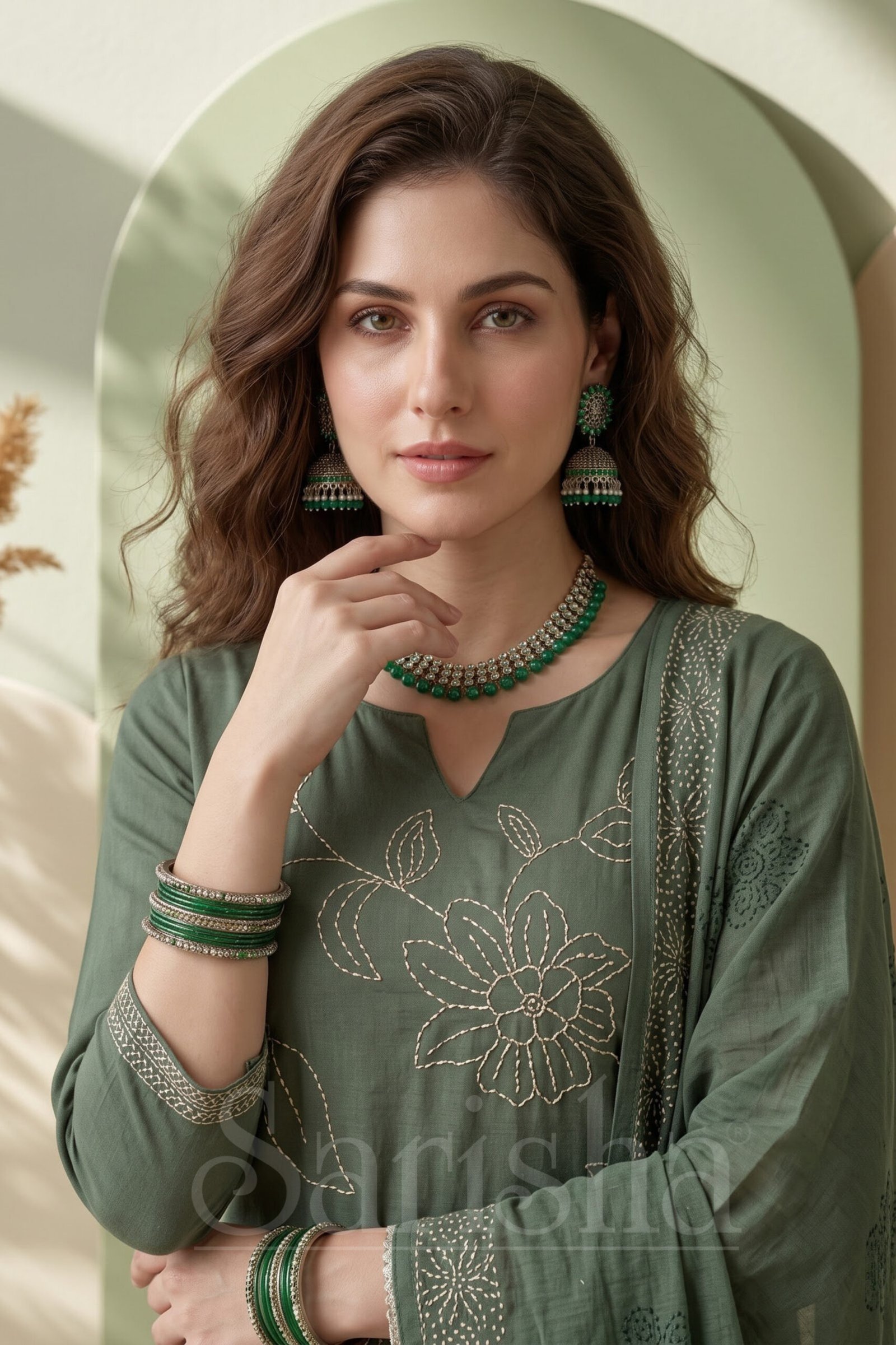 Olive Green Floral Embroidered Cotton Flex Palazzo Set - Image 2