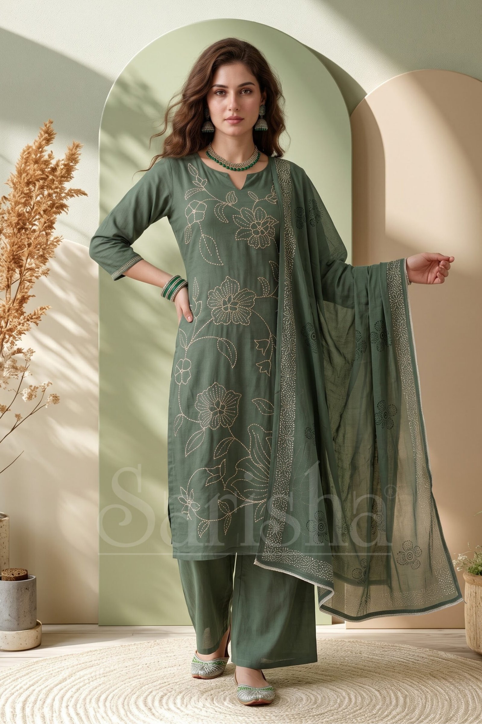 Olive Green Floral Embroidered Cotton Flex Palazzo Set