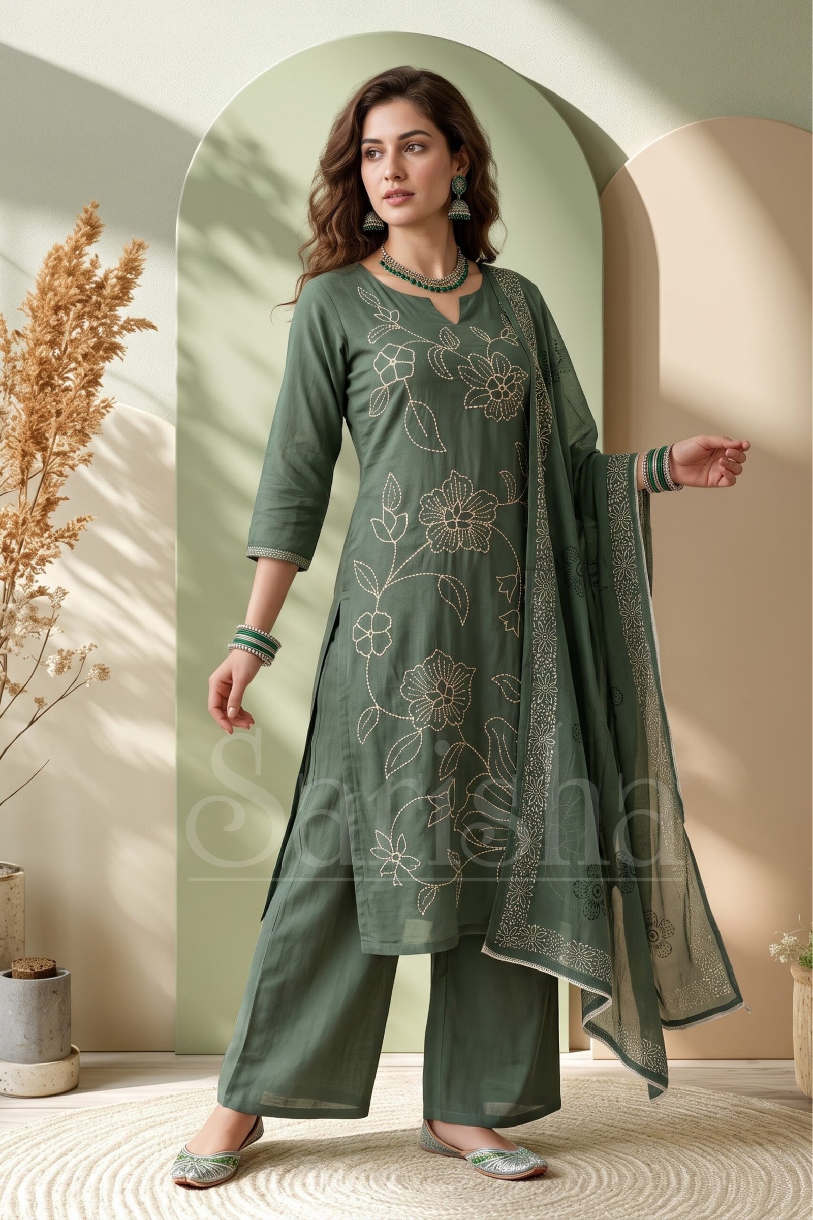 Olive Green Floral Embroidered Cotton Flex Palazzo Set - Image 3
